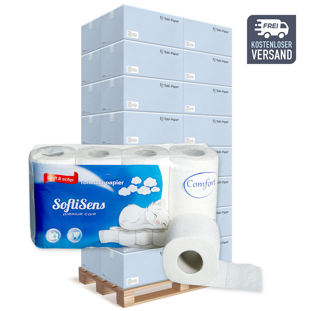 1 Palette Toilettenpapier SoftiSens Comfort 3-lagig hochweiß Zellstoff 64 Rollen pro VE Pal. mit 2112 Rollen 