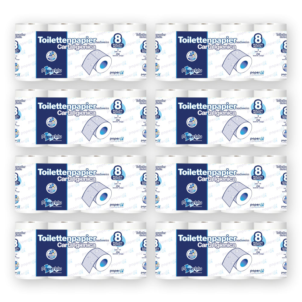 Toilettenpapier Paperblu 3-lagig Zellstoff hochweiß 250 Blatt - 64 Rollen