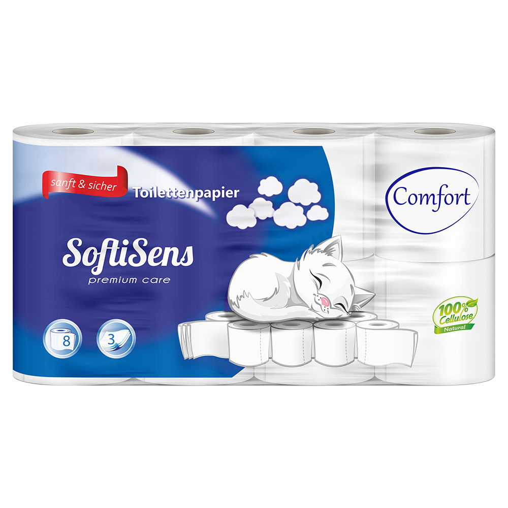 Toilettenpapier SoftiSens Comfort 3-lagig Zellstoff hochweiß 150 Blatt - 64 Rollen